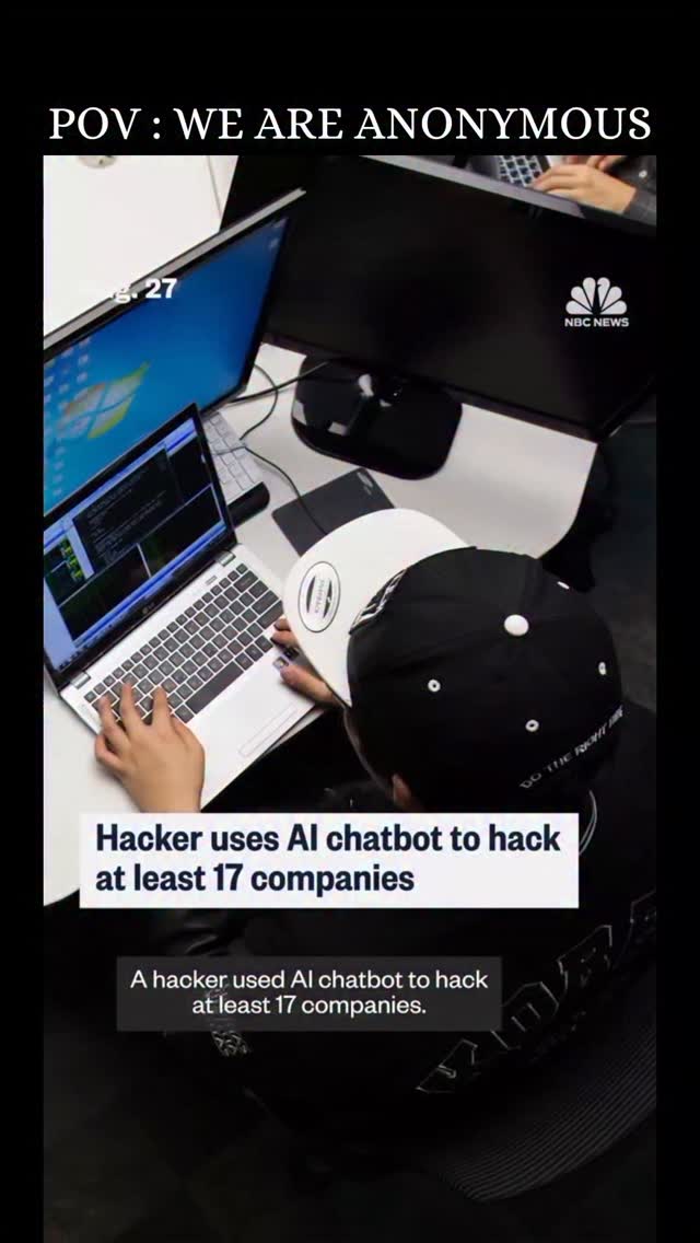 Instagram post by @anonymousacreator for NBC News. Caption reads: Hacker uses AI chatbot to hack at least 17....