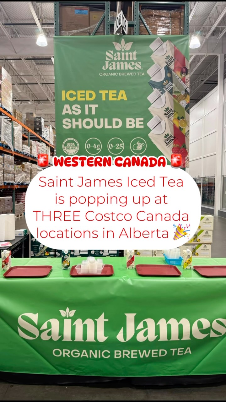 Instagram post by @costcofindscanada for Saint James Iced Tea. Caption reads: 🚨 WESTERN CANADA 🚨
‌
 @saintjamesicedtea is....