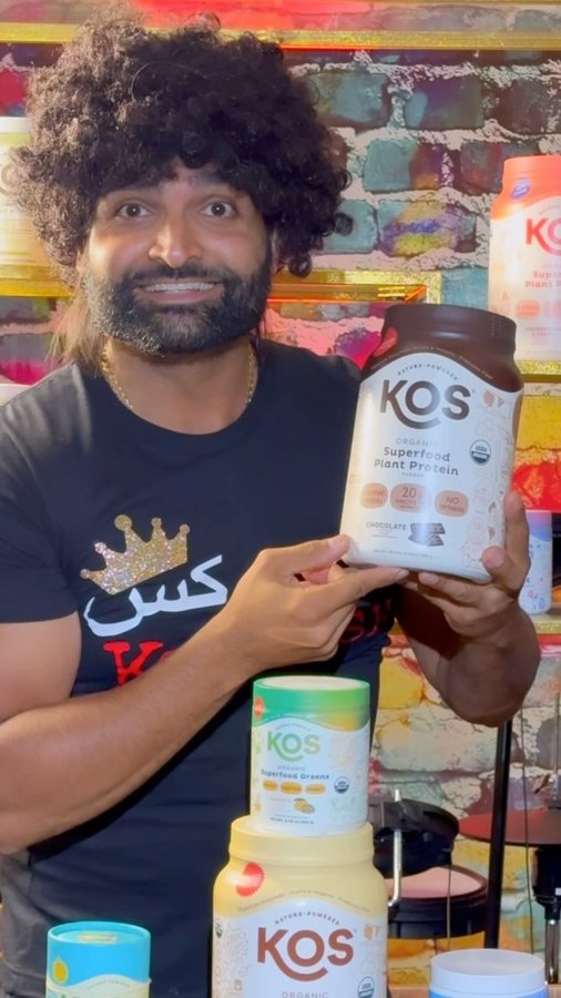 Instagram post by @farzyloko for KOS. Caption reads: 😋EVERYBODY ❤️ KOS🫶 #ad #kos #organicprotein....
