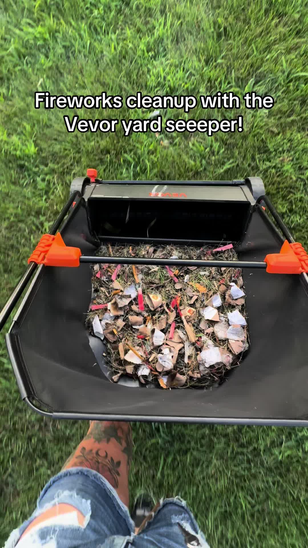 TikTok post by @rockerbyedestash for Vevor Outdoor Store US. Caption reads: Fireworks cleanup! @VEVOR Outdoor Store #vevor....