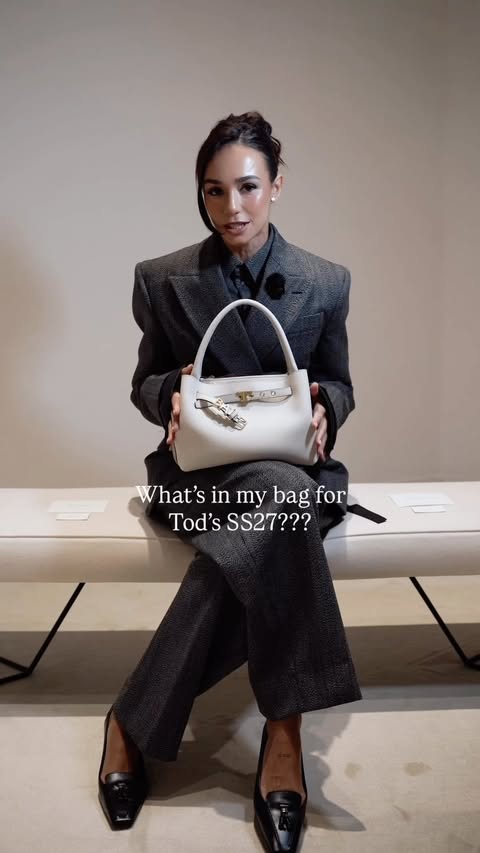 Instagram post by @blancaarimany for Tod's. Caption reads: Publi | What’s In My Bag for @tods SS27 -....