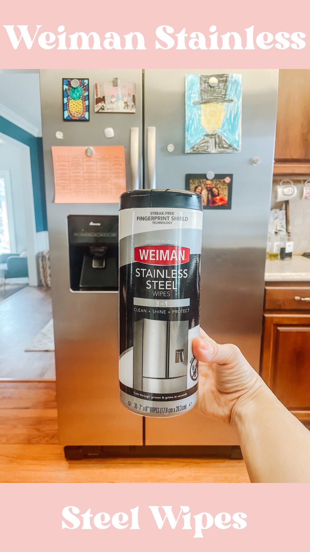 Instagram post by @the_patientmom for Weiman. Caption reads: Want to know my secret to fingerprint-free....