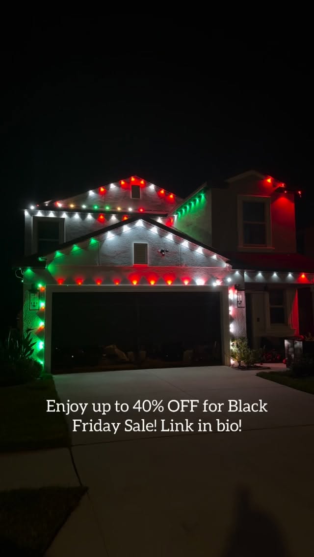 Instagram post by @islandgal_5homedecor for Govee. Caption reads: Got our @goveeofficial permanent outdoor lights up....