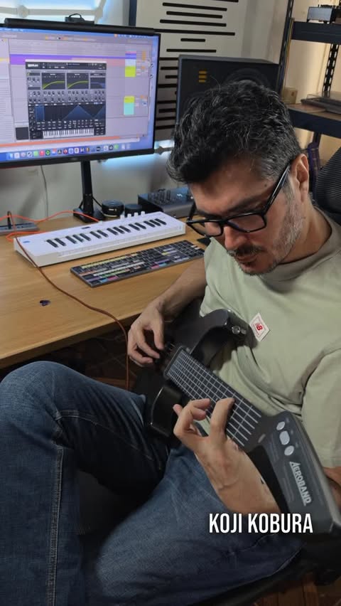 Instagram post by @kojikobura for Aeroband. Caption reads: New Order - Blue Monday (Aeroband Guitar)....