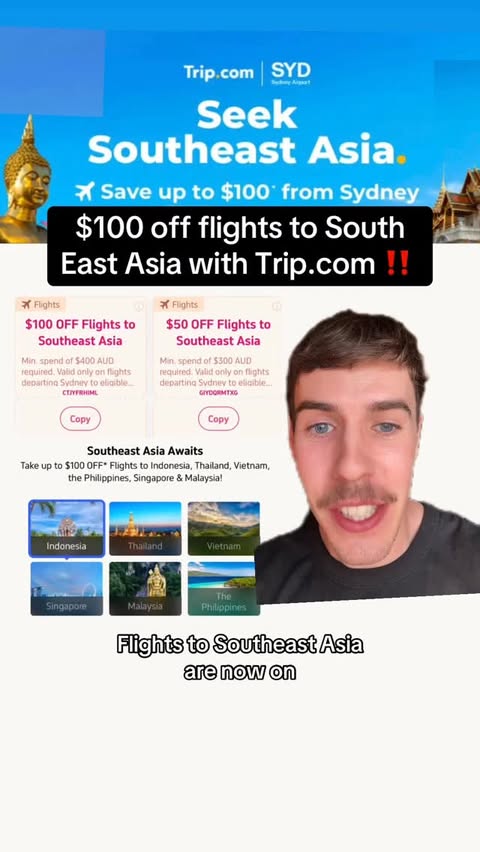 Instagram post by @savvynotstingy for Trip.com. Caption reads: [...] East Asia departing from Sydney with....