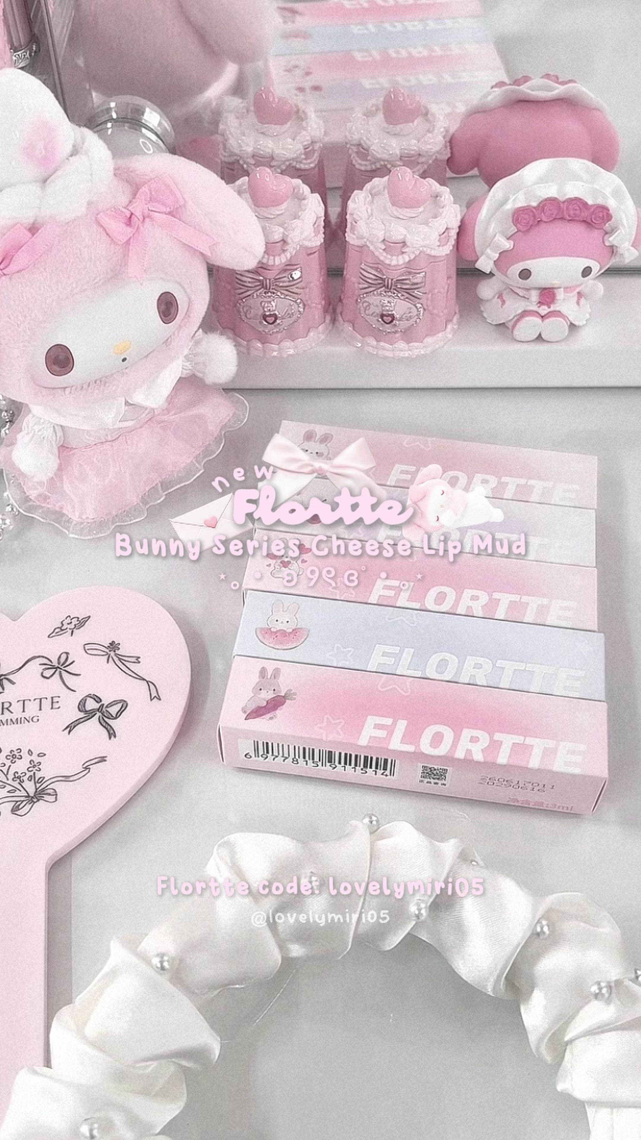TikTok post by @lovelymiri05 for Flortte Beauty. Caption reads: new @Flortte Beauty_Official lippies 🎀🧁🐰 what....