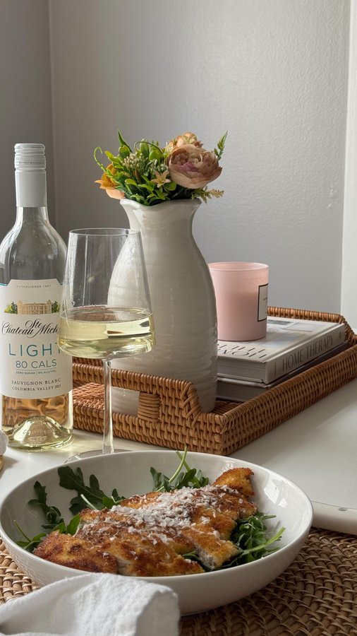 Instagram post by @laurenwickham for Chateau Ste. Michelle Winery. Caption reads: #ad21+ Weeknight wine without the guilt 🍷✨ 80....