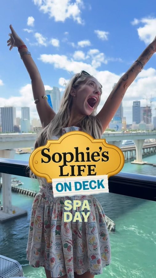 Instagram post by @sophieogle for Virgin Voyages. Caption reads: Spa day aboard the ship 🧖 #lifeondeck....