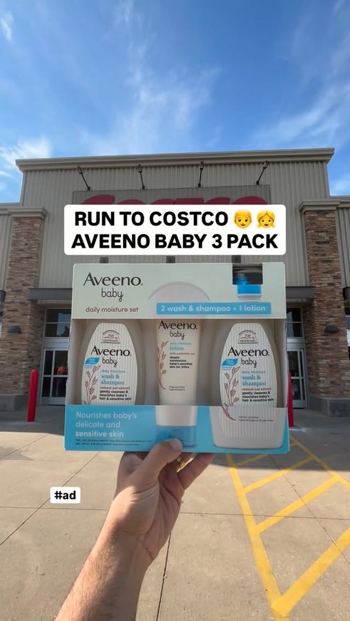 Instagram post by @costcofam4u for Aveeno. Caption reads: 🍼✨ NEW Baby Care Find at Costco! Item #1861502 –....