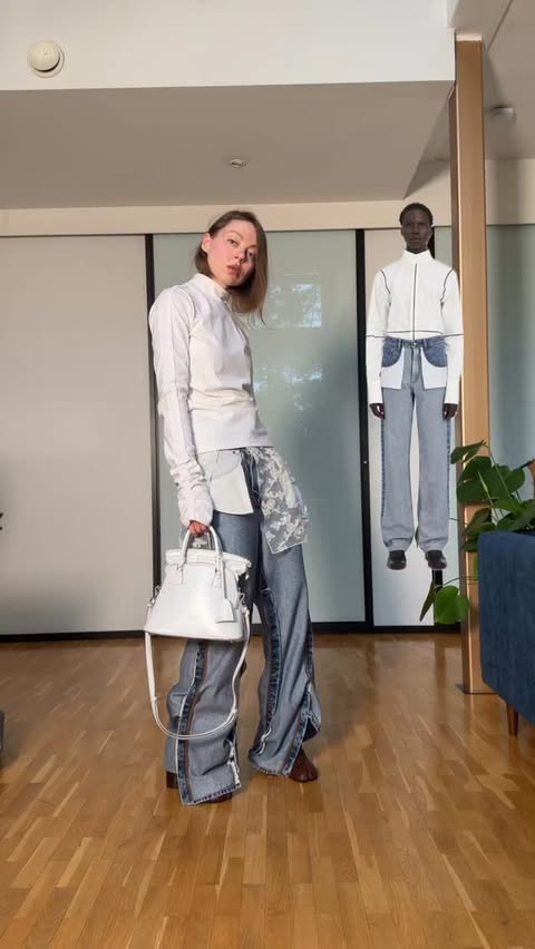 Instagram post by @alinarolling for Maison Margiela. Caption reads: Repeating Maison Margiela catalog outfits with my....