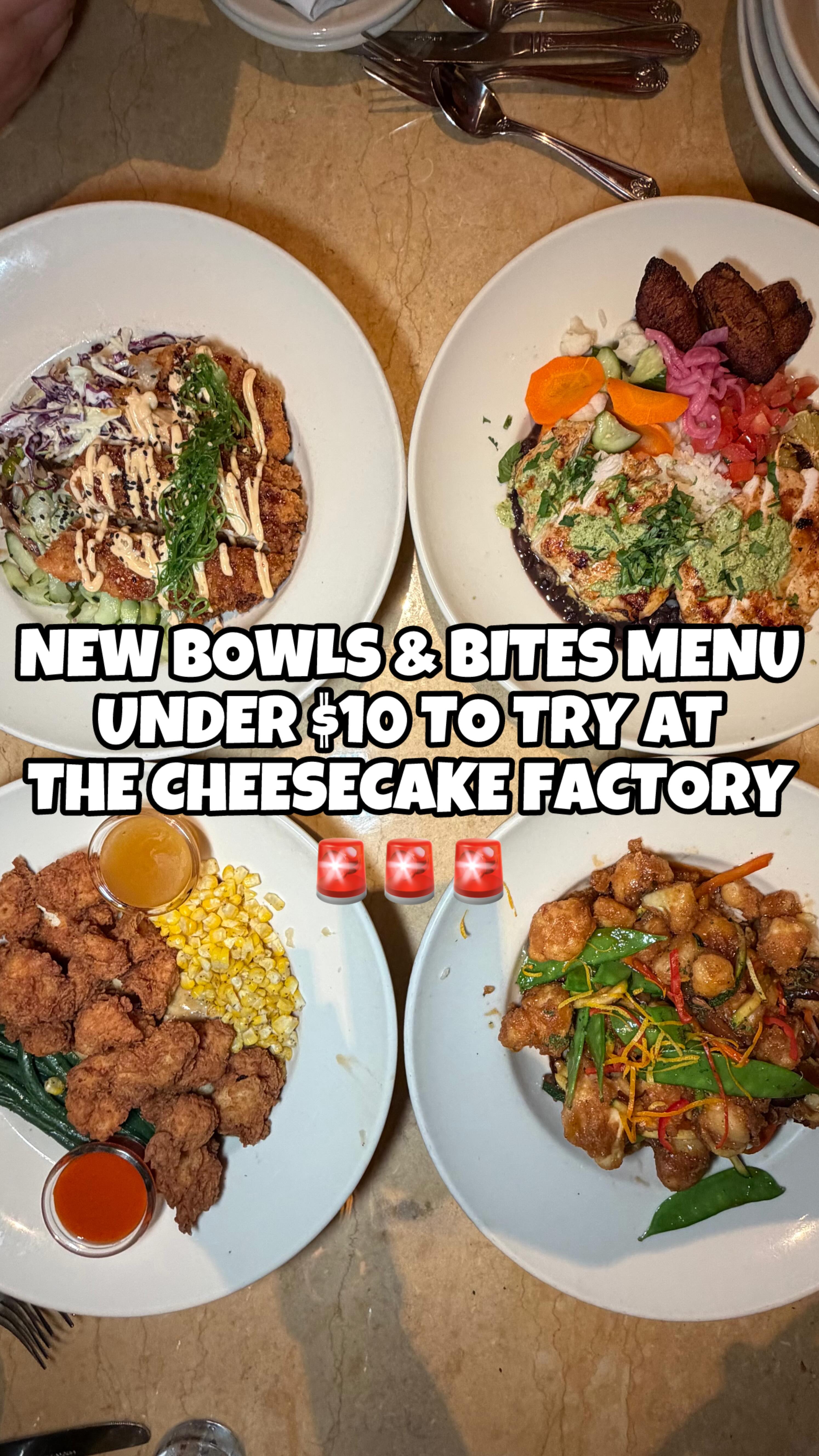 Instagram post by @thehungrylonghorn for The Cheesecake Factory. Caption reads: 🚨 The Cheesecake Factory new Bites menu under $10....