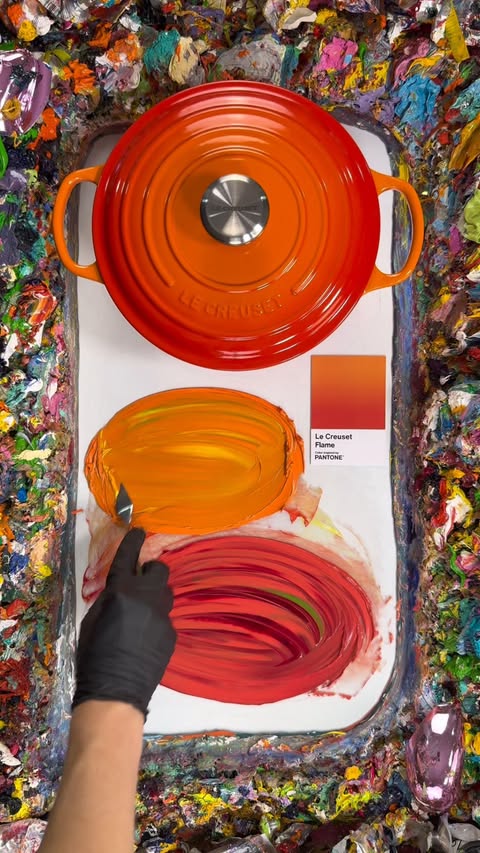 Instagram post by @fritzdoesart_ for Le Creuset. Caption reads: #ad Color matching Le Creuset’s original color,....