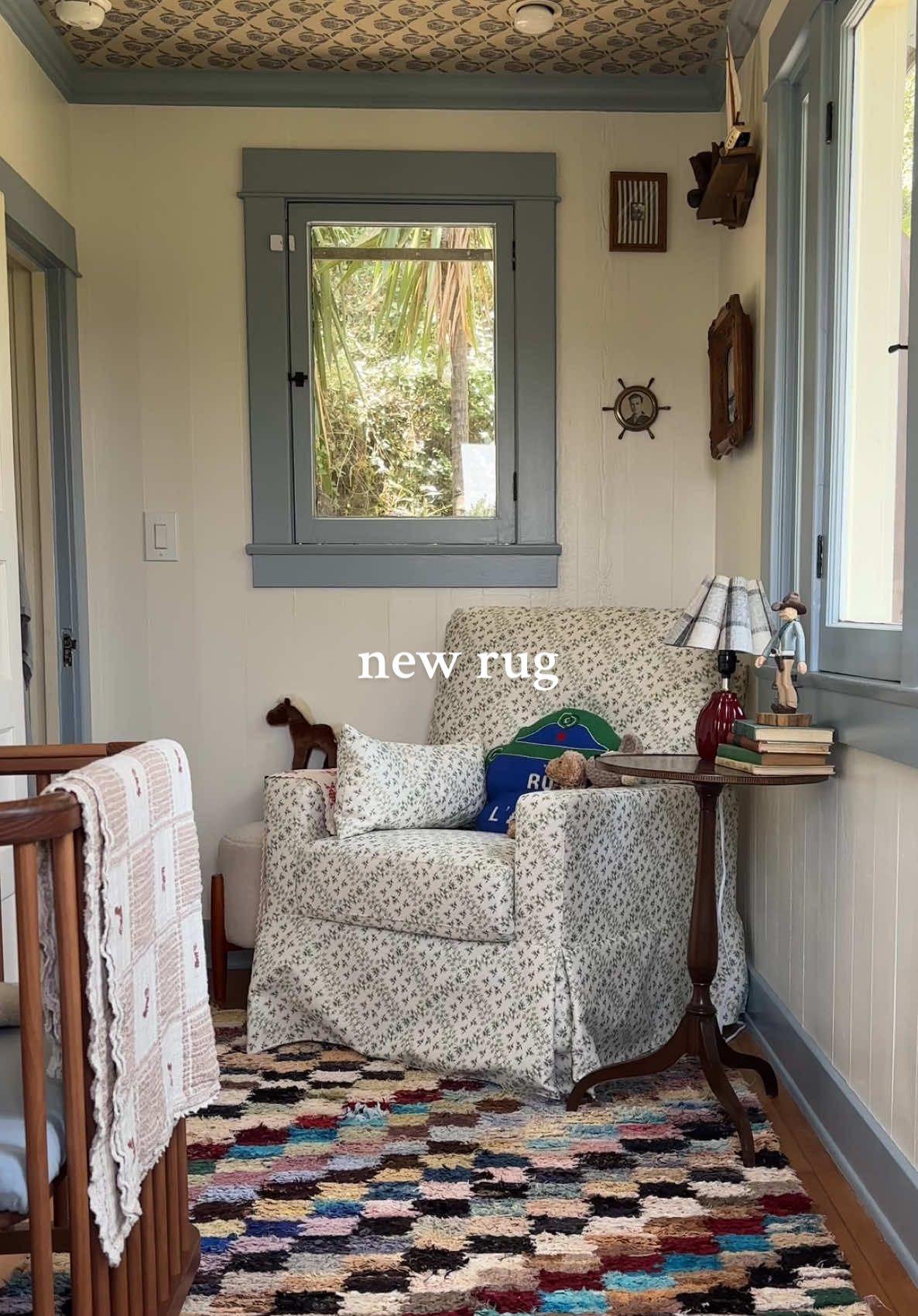 TikTok post by @kyrasmolkin for Revival Rugs. Caption reads: [...] 🎈 #nurserydecor #vintagedecor #revivalrugs....