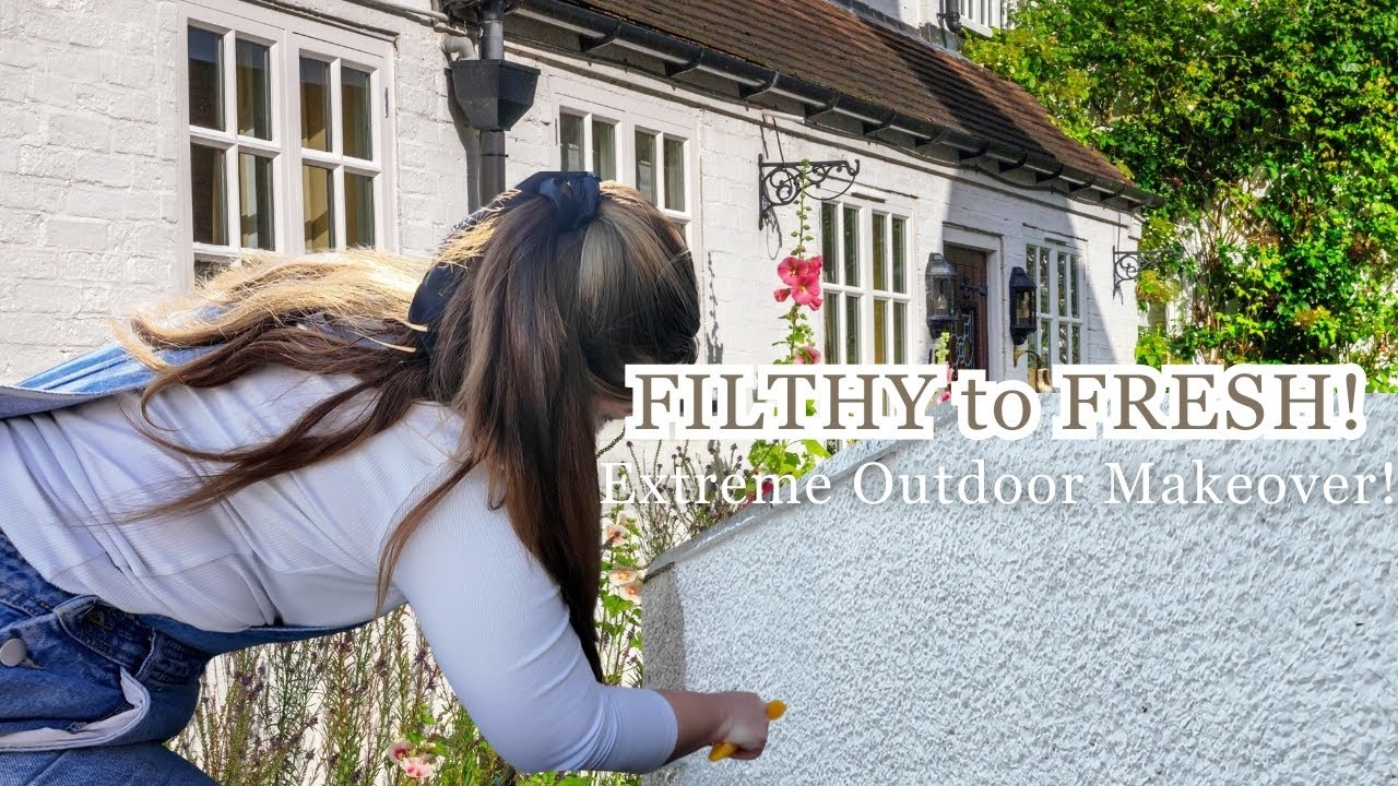 YouTube post by @DaintyDiaries for Flodesk. Caption reads: ✨ Extreme Outdoor Cottage Makeover! From FILTHY to....