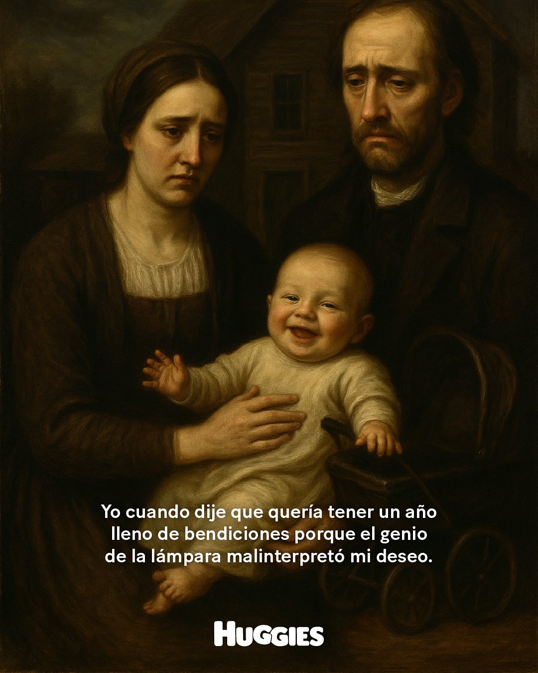 Instagram post by @huggiesco for Huggies. Caption reads: No importa si el genio malinterpretó tus deseos....