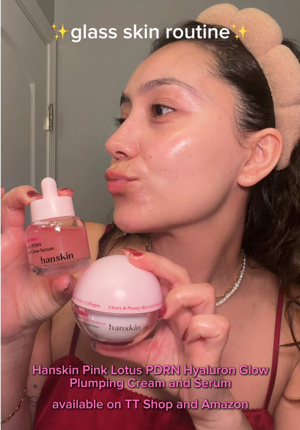 TikTok post by @itsmayrazambrano for Hanskin Skincare. Caption reads: Love this duo for glass skin 🥰 available now on....