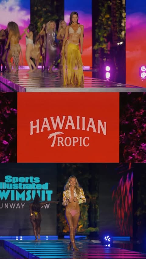 Instagram post by @si_swimsuit for Hawaiian Tropic. Caption reads: [...] bikinis, and that @hawaiiantropic glow....