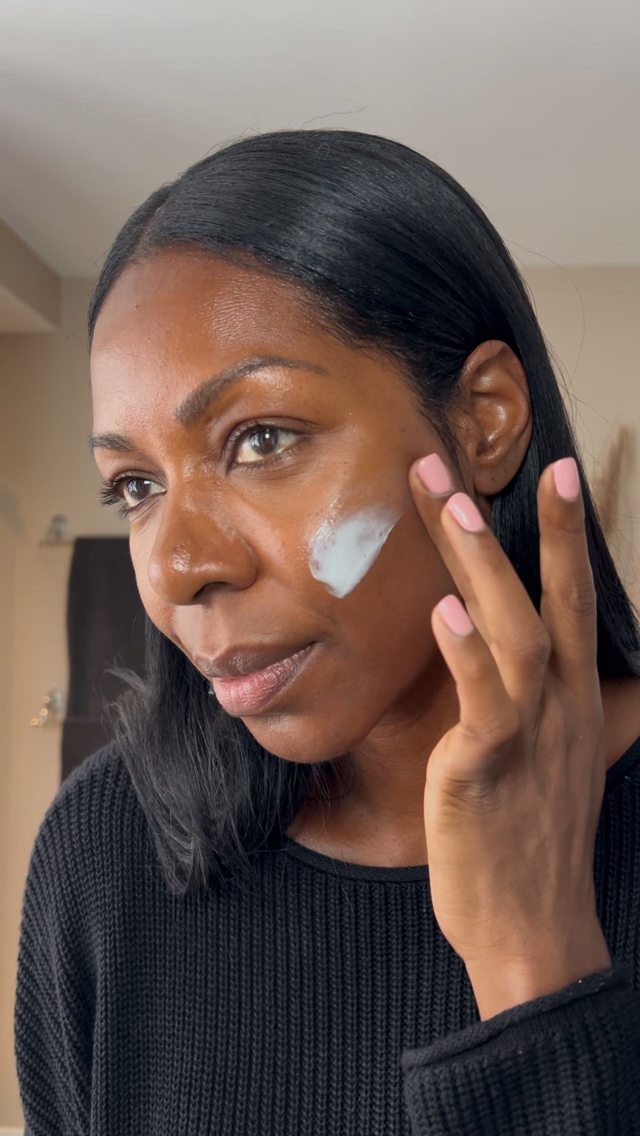 Instagram post by @dominique.baker for OLAY. Caption reads: #Ad @olay Micro-Sculpting Cream delivers glow and....