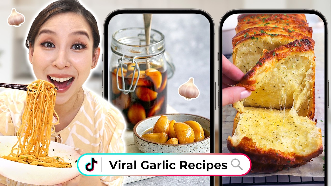 YouTube post by @tina_yong for Rosetta Stone. Caption reads: I Tried Viral Garlic Recipes *so good*.