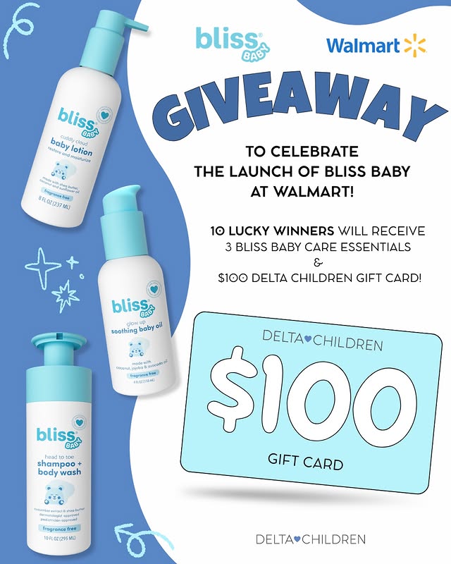 Instagram post by @hello_blissbaby for Delta Children. Caption reads: [...] Soothing Baby Oil 🎁 PLUS a $100 Delta....