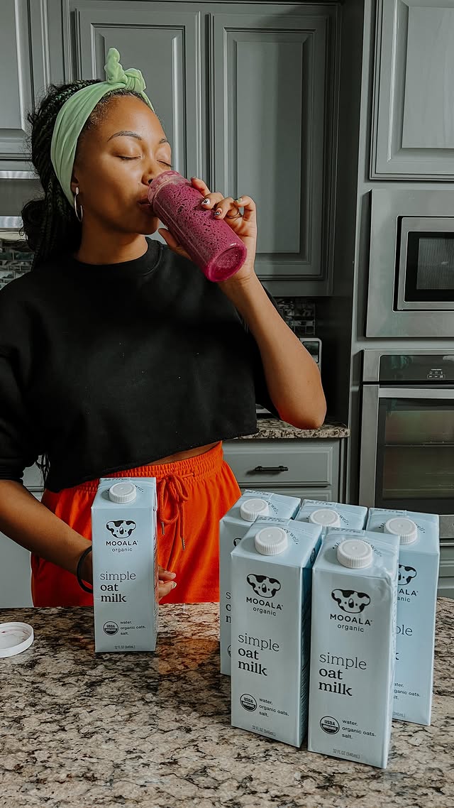 Instagram post by @thebeautybeau for Mooala. Caption reads: [...] with glyphosate and this oat milk from....