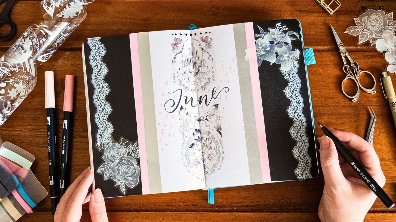 YouTube post by @ErinSmith for – Stationery Pal. Caption reads: June Bullet Journal Setup - Black & Pink Theme....