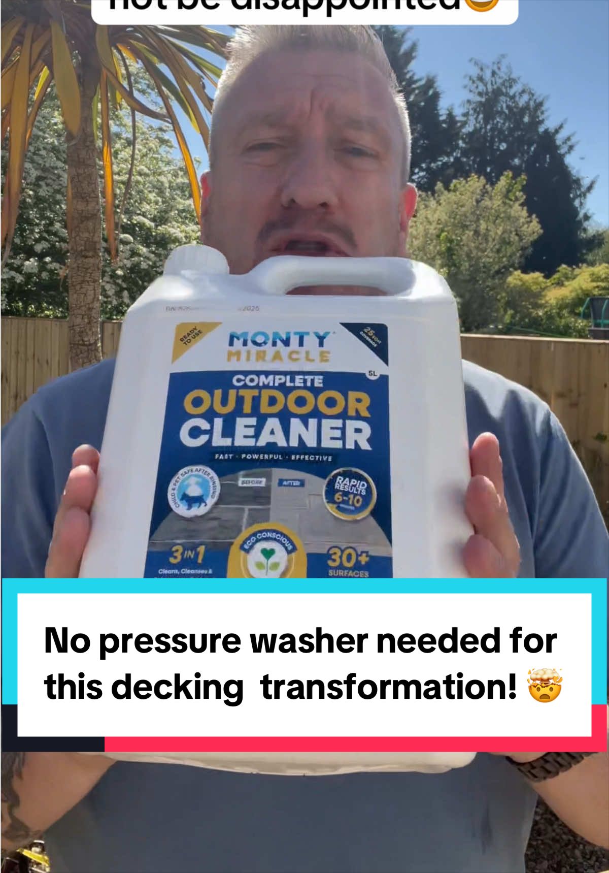 TikTok post by @stubbsy_finds for Monty Miracle. Caption reads: [...] #patio #decking #cleaninghacks....