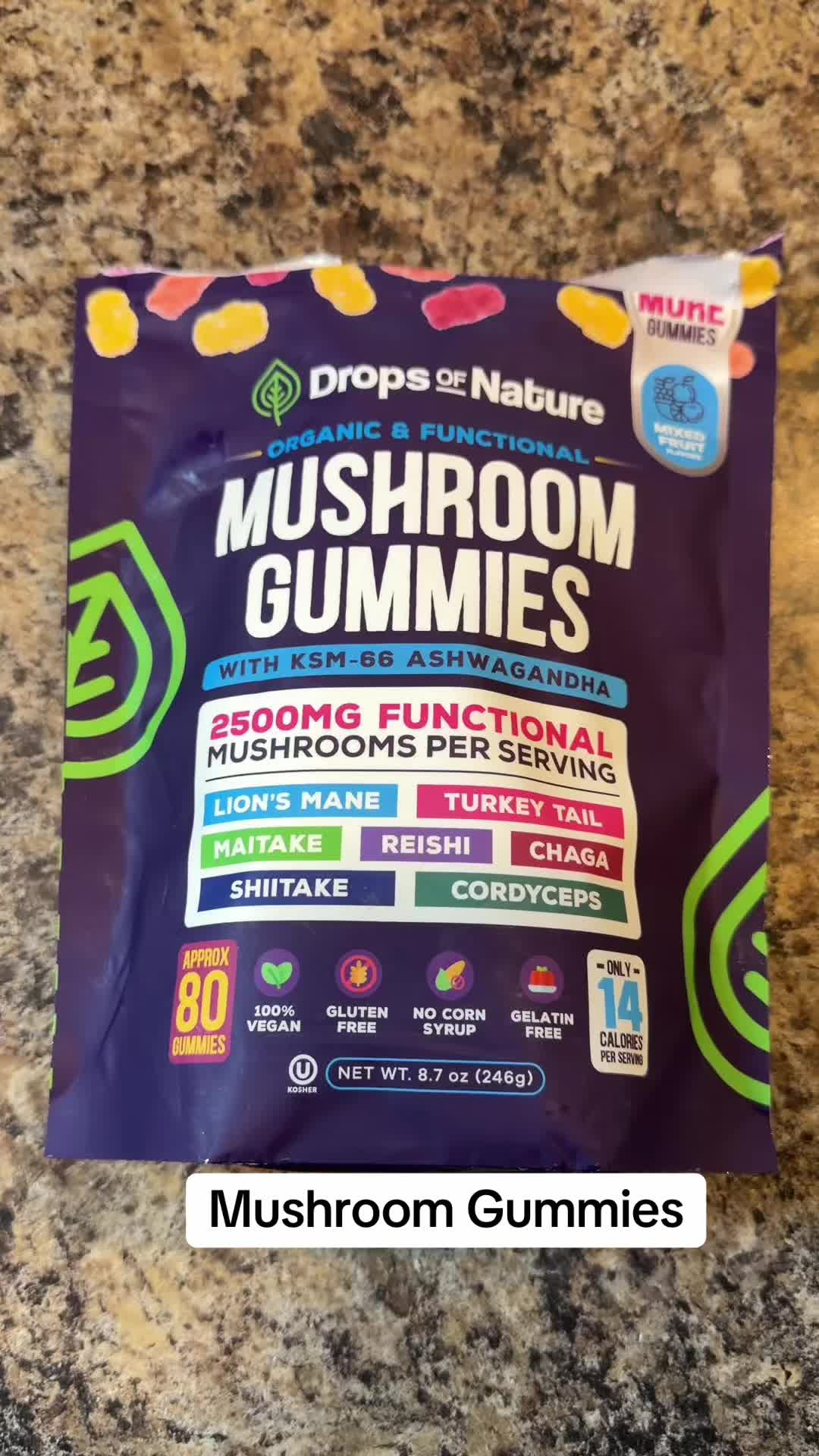 TikTok post by @amyjohighfield for Drops of Nature. Caption reads: #dropsofnature #mushroomgummies #perimenopause....