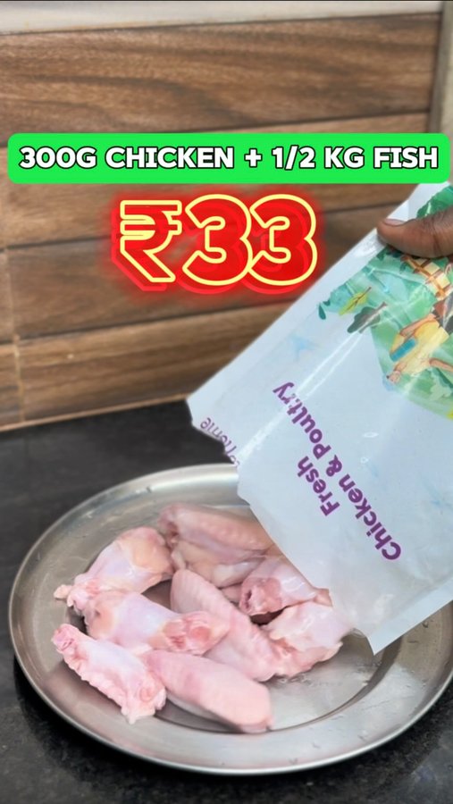 Instagram post by @dukevijay_official for freshtohome. Caption reads: [...] Chicken - Skinless Curry Cut for free....