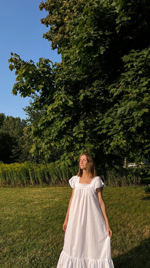 Instagram post by @natdyachkin for Jacaranda Living. Caption reads: [...] in this Genevieve nightgown by....