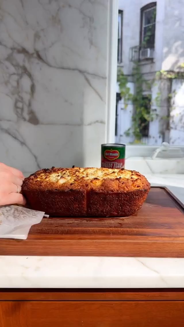 Instagram post by @justine_snacks for Del Monte. Caption reads: Esquites-inspired cornbread, which was inspired by....