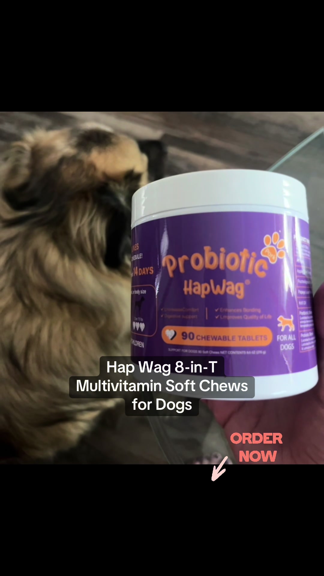 TikTok post by @dawn7e for Hapwag Pets. Caption reads: [...] #probioticsfordogs #healthydog @HAPWAG PETS.