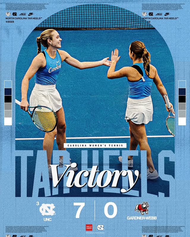 Instagram post by @unc_wtennis for Wells Fargo. Caption reads: [...] 𝙍𝙊𝙇𝙇𝙄𝙉𝙂 Match 2 🔜 #GoHeels x....
