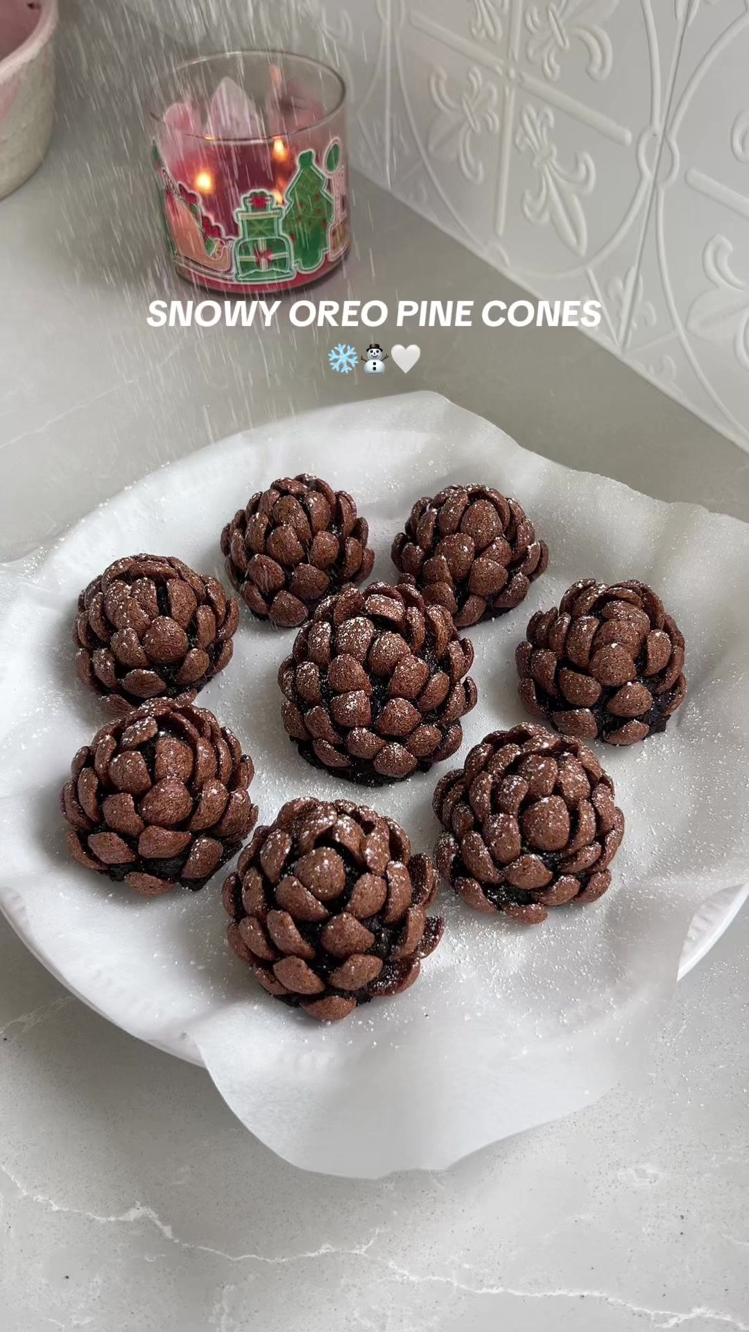 TikTok post by @jadesarah99 for Philadelphia. Caption reads: Snowy oreo pine cones 🤎❄️ only 3 ingredients ans....
