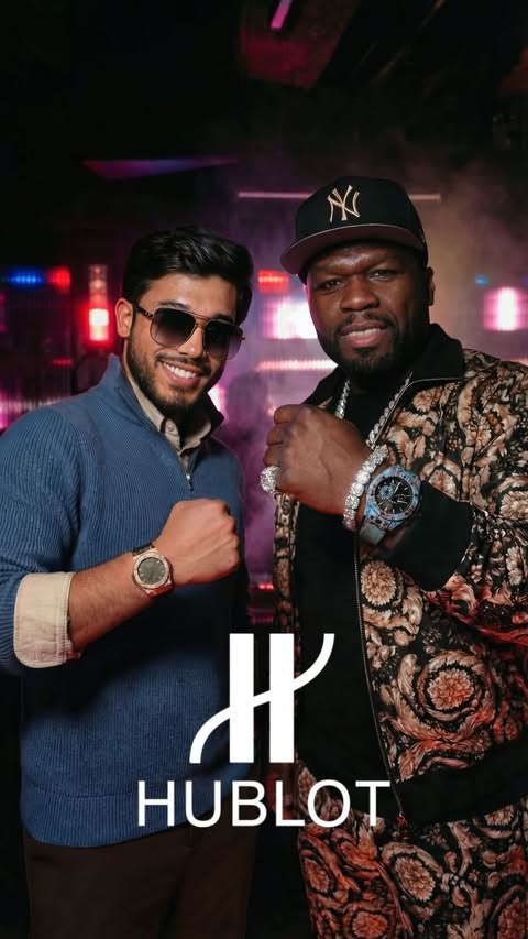 Instagram post by @vip_huss for Hublot. Caption reads: Pleasure to meet the legend @50cent in @hublot....