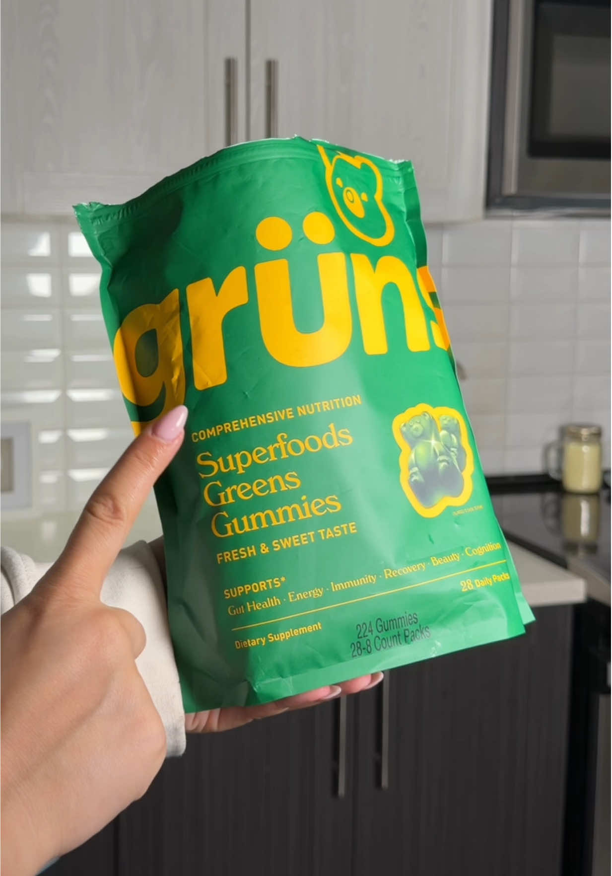 TikTok post by @morgan.elizabith for Grüns. Caption reads: [...] is to getting back on schedule.✈️✨ @Grüns....