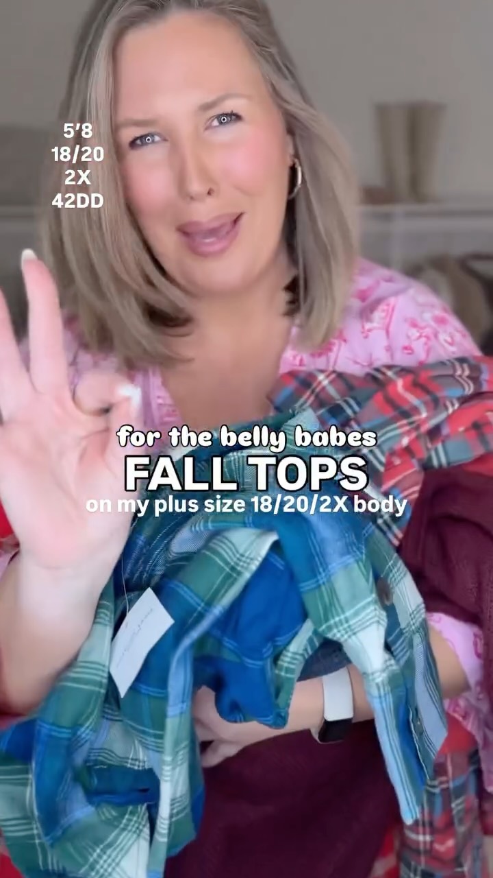 Instagram post by @ashley_dorough for American Eagle. Caption reads: SIZES XXL-XXS + 20-000 ✨ FALL TOPS FOR THE BELLY....