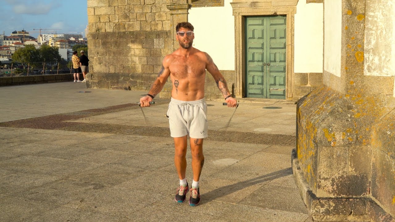 YouTube post by @JumpRopeDudes for Crossrope. Caption reads: Jump Rope + Pushup Ladder Workout (Build Muscle!).