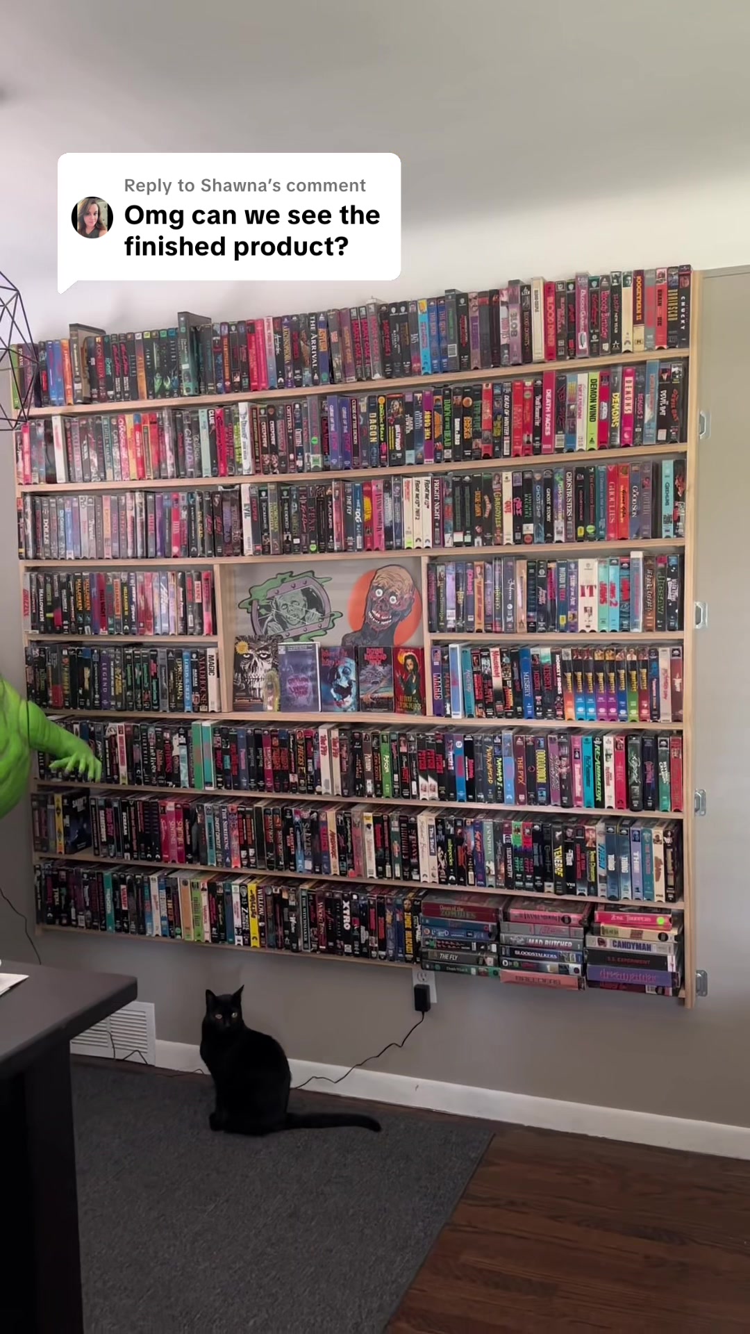 TikTok post by @beforethecoffin for Halloween Costumes. Caption reads: Replying to @Shawna My VHS Walls/Collection!....