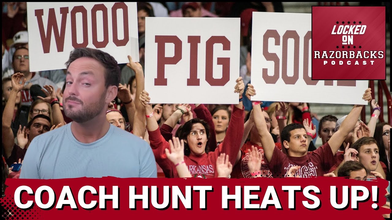YouTube post by @LockedOnRazorbacks for FanDuel. Caption reads: ZEROING IN: Razorbacks Coaching Search Nears Final....