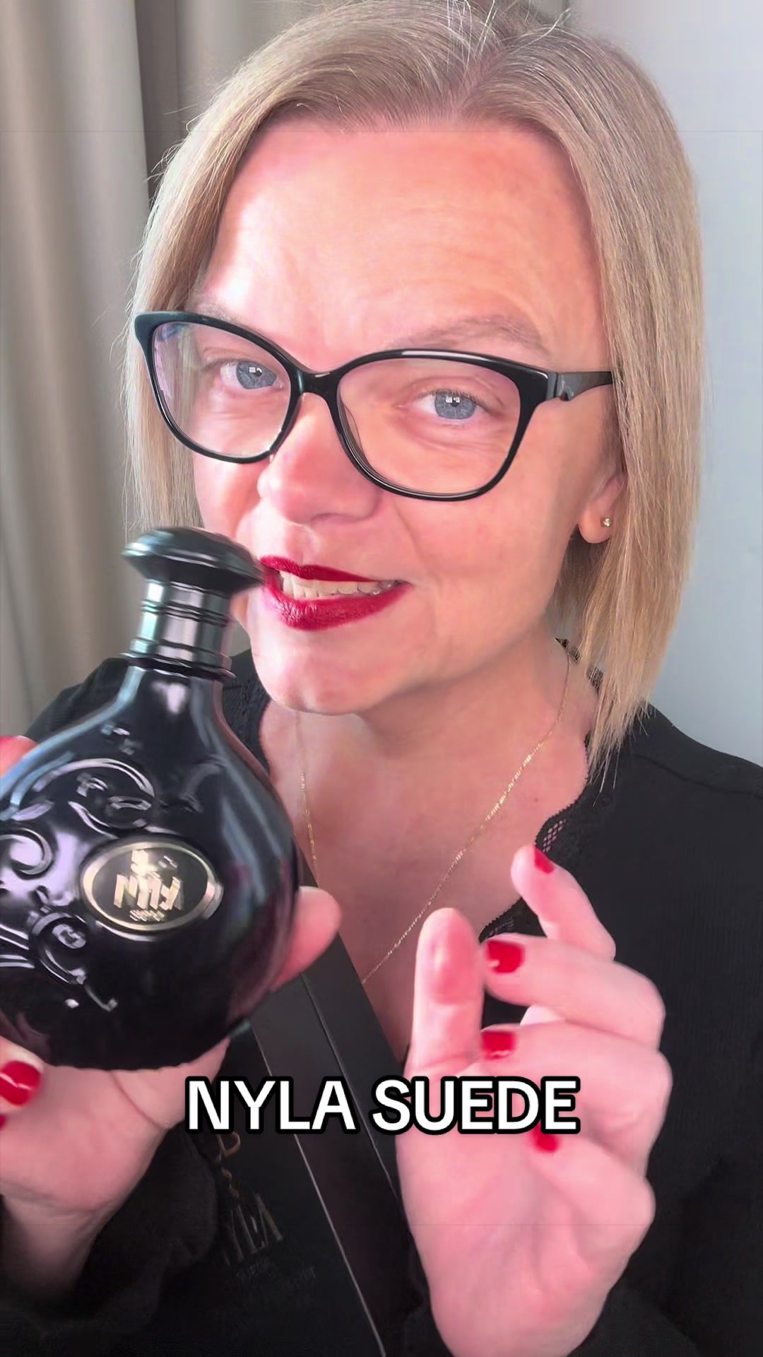 TikTok post by @__ausra__ for Salsabeel Perfumes. Caption reads: Nyla Suede by Arabiyat Prestige: stunning powdery....