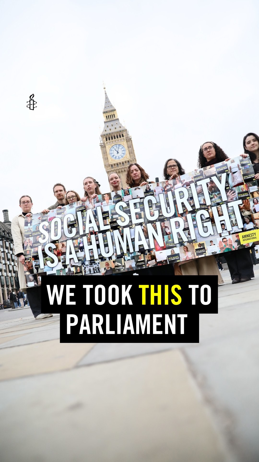 Instagram post by @amnestyfeminist for Amnesty Italia. Caption reads: Outside parliament, a banner made from images sent....