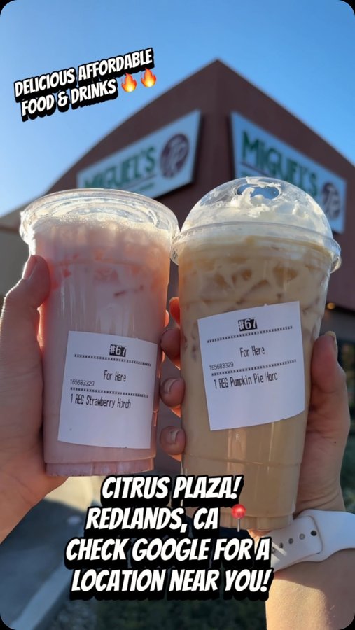 Instagram post by @naomisdreams for Miguel's Jr. Caption reads: @miguels_jr has the BEST strawberry horchata hands....