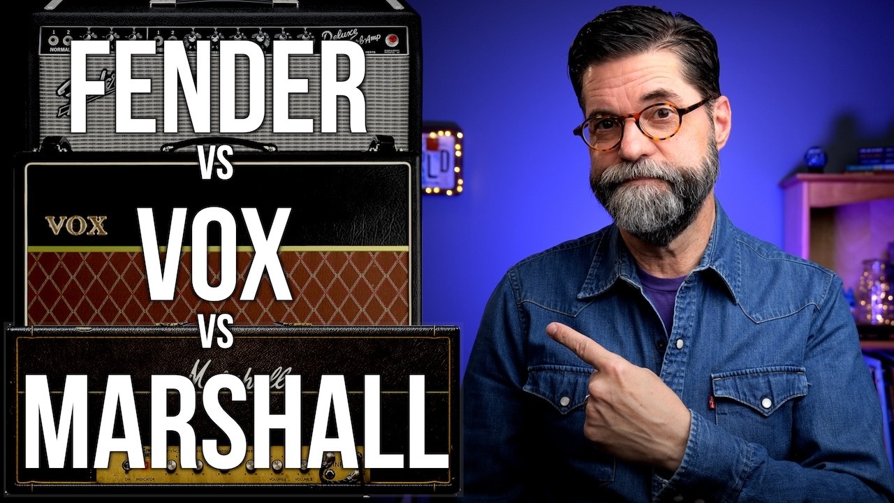 YouTube post by @fivewattworld for Reverb. Caption reads: Fender vs Vox vs Marshall: A Short History.