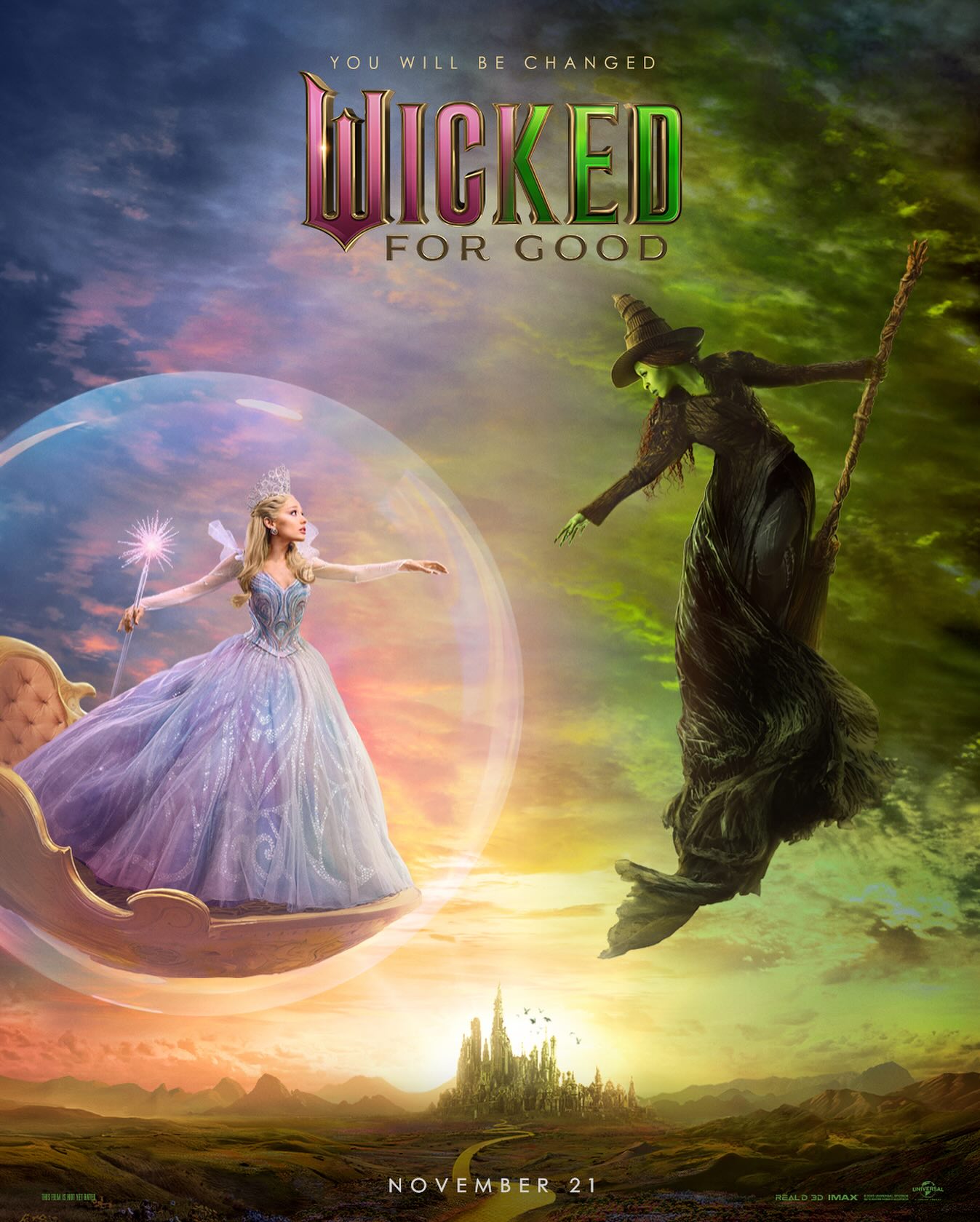 Instagram post by @arianagrande for Universal Pictures. Caption reads: You will be changed. #WickedForGood trailer....