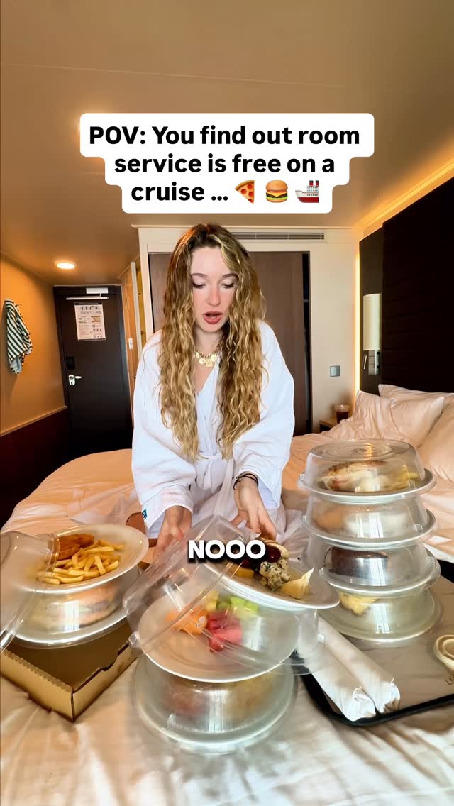 Instagram post by @katie.caf for Norwegian Cruise Line. Caption reads: Did you know room service is “free” on a cruise....