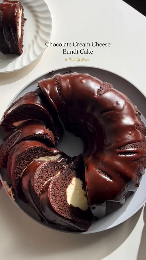 Instagram post by @pastrybysaloni for Fresh Thyme. Caption reads: Chocolate Cream Cheese Bundt Cake with Fudge....
