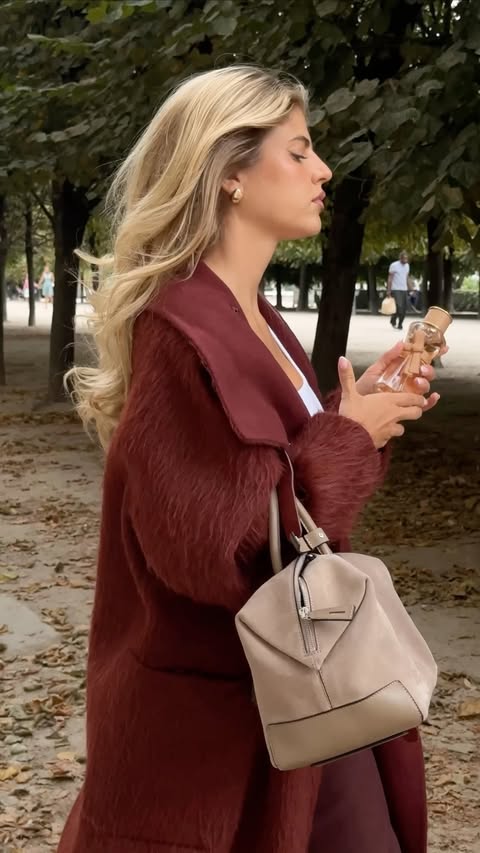 Instagram post by @franziskanazarenus for Max Mara. Caption reads: Fall in Paris 🤍 layered in Max Mara Le Parfum /....