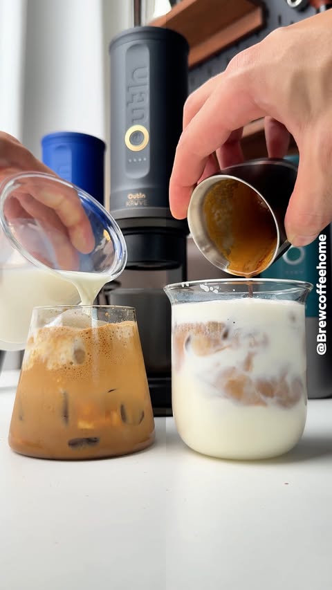 Instagram post by @brewcoffeehome for OutIn. Caption reads: Two ways to make a Spanish latte with the OutIn....