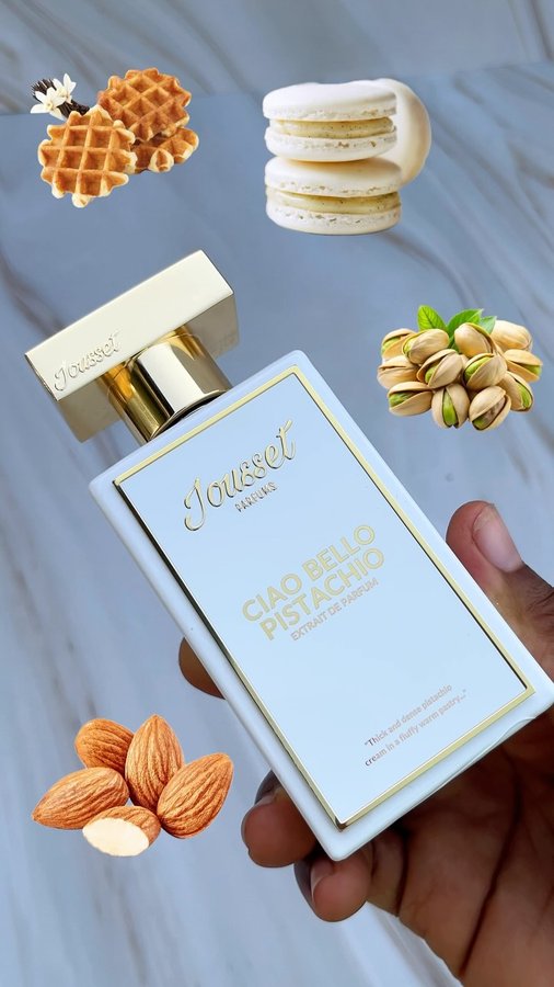 Instagram post by @sillagebyprecious for Jousset Parfums. Caption reads: Ciao Bello pistachio by @joussetparfums Top notes....